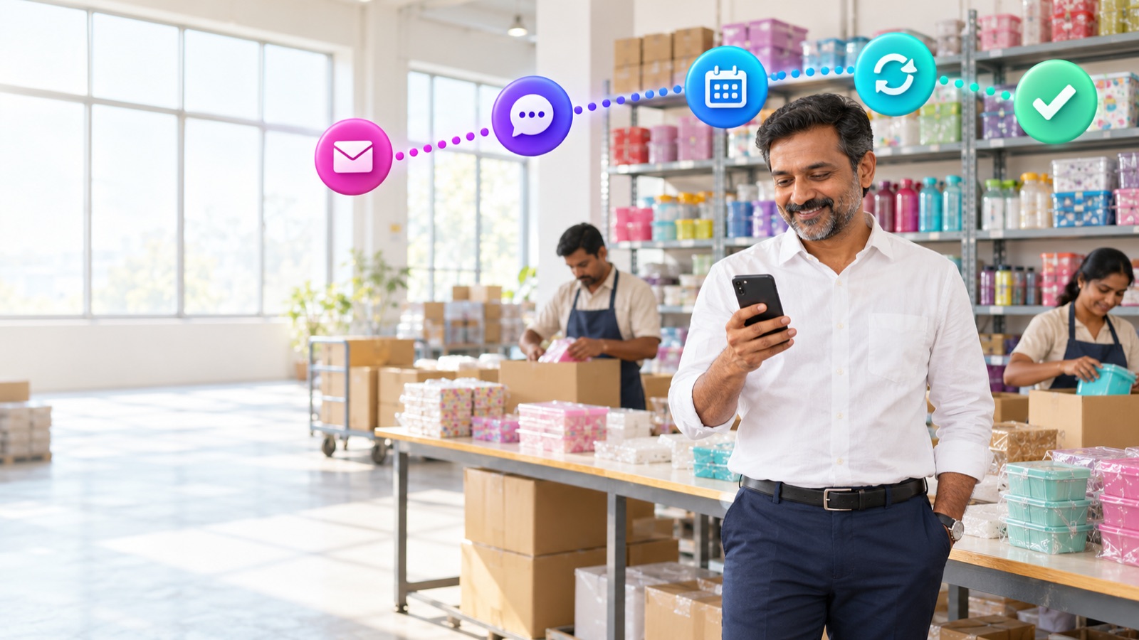 A factory owner reads a WhatsApp reply on his phone in a bright gift-items packing area, with the Memorly follow-up path of enquiry, chat, quote, reactivate and success above him